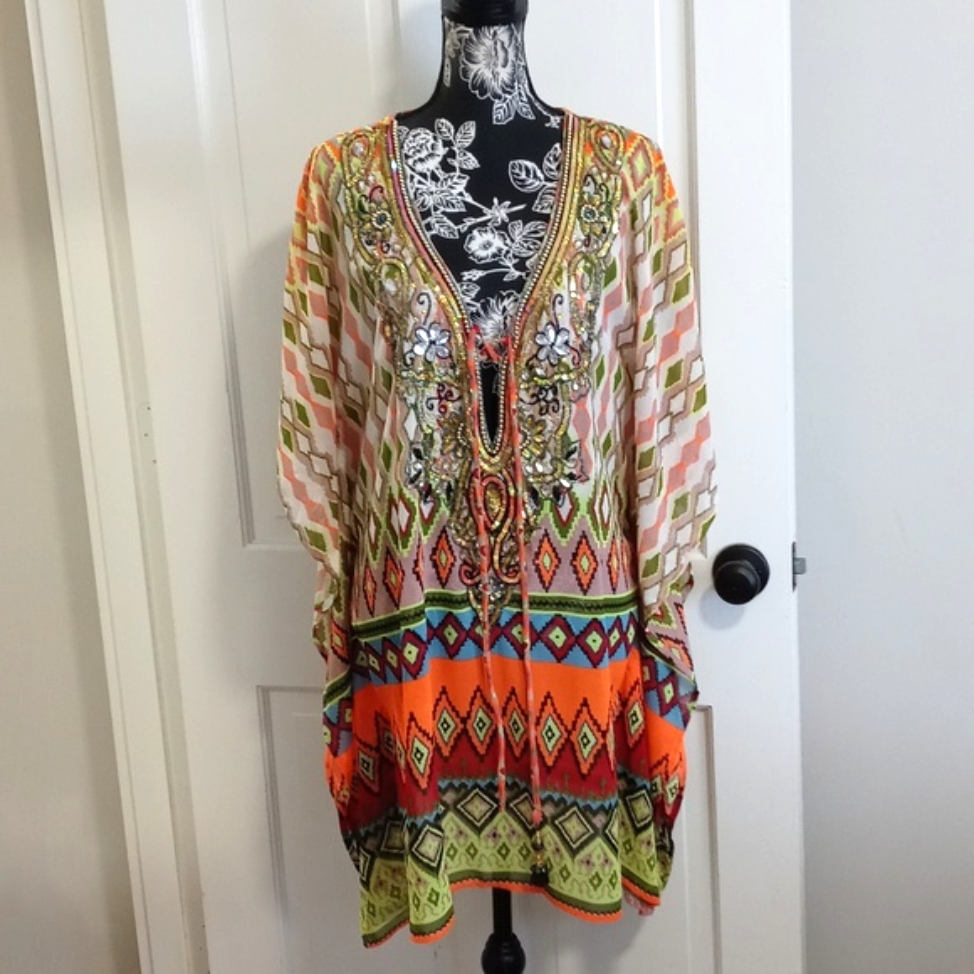 Lucky & Coco - Tropical Multicolor Beaded/Sequined Caftan Cover-Up Dress